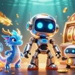 Spin to win at slot online with a vibrant 3D illustration featuring a robot mascot and dragon.