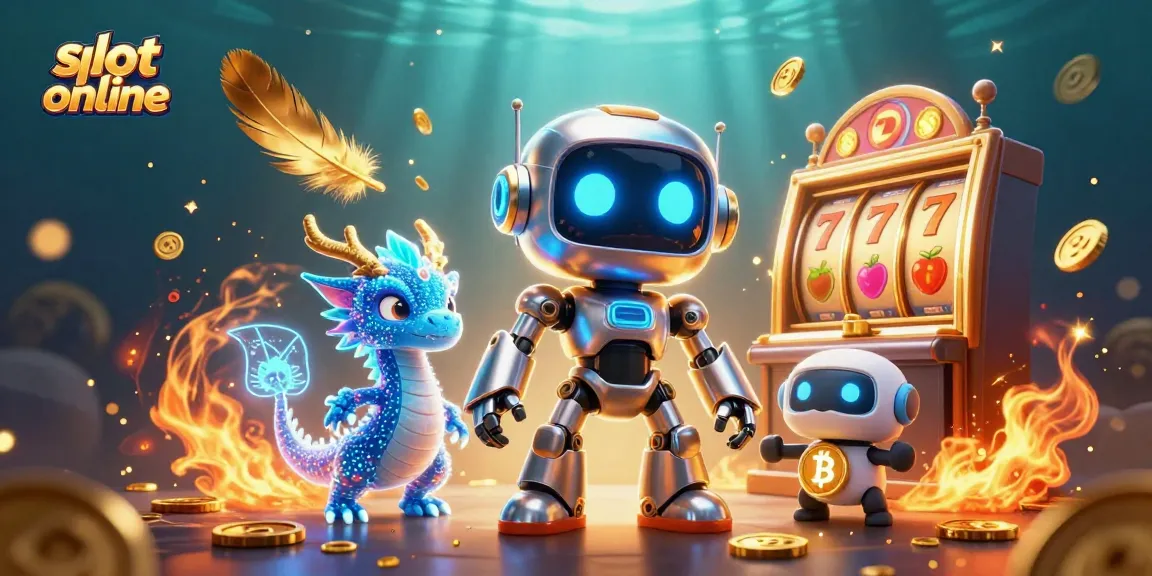 Spin to win at slot online with a vibrant 3D illustration featuring a robot mascot and dragon.