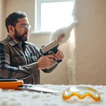 Professionally remove spray foam insulation from a wall with safety equipment and tools.