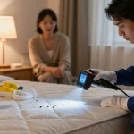 Bed bug exterminator using thermal imaging in a residential bedroom to ensure effective pest control.