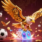 Experience a vibrant credit card casino scene with a cybernetic eagle and dynamic game elements.