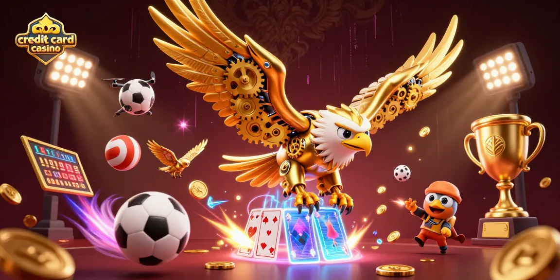 Experience a vibrant credit card casino scene with a cybernetic eagle and dynamic game elements.