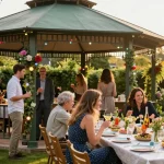 Stylish garden gazebo setup for a lively outdoor event in London at https://www.gazebohirelondon.co.uk/ with friends enjoying under decorations and warm sunset light.