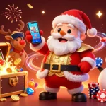 Experience the excitement of hubetmay with Santa and friends celebrating casino wins amidst vibrant game elements.