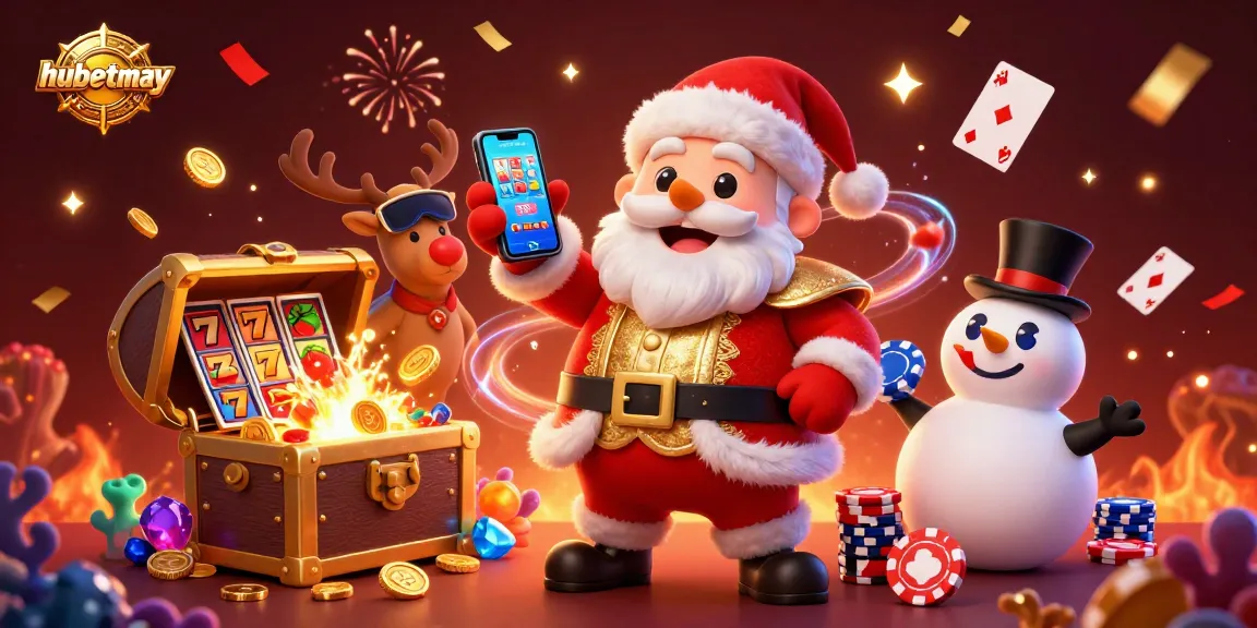 Experience the excitement of hubetmay with Santa and friends celebrating casino wins amidst vibrant game elements.