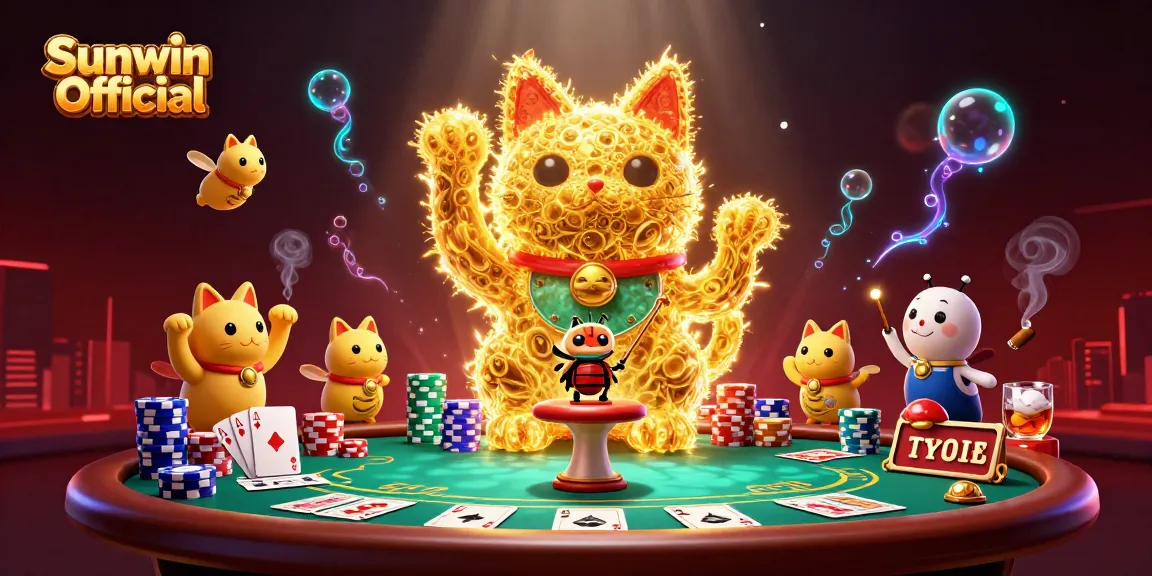 Experience the excitement of Sunwin Official with a vibrant casino scene featuring lucky symbols and poker elements.
