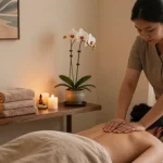 Relaxing 왕십리출장안마 therapy session with soft lighting and essential oils in a peaceful wellness room.