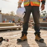 Worker in upower safety shoes on a construction site showcasing safety footwear and teamwork.