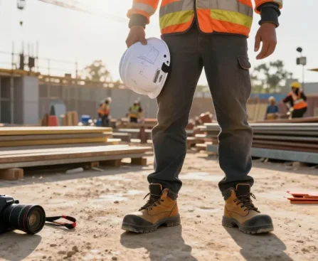 Worker in upower safety shoes on a construction site showcasing safety footwear and teamwork.
