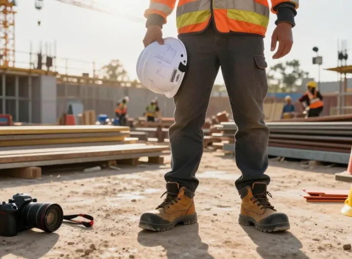 Worker in upower safety shoes on a construction site showcasing safety footwear and teamwork.