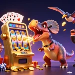 Headbutting pachycephalosaurus at environ casino jackpot, with flying coins and excited characters.