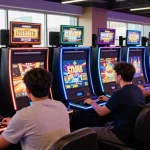 Engaging scene of online casinos accepting credit card with players enjoying high-tech gaming stations and glowing atmosphere.