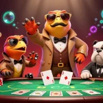 Engage with the excitement of tải 789club in a vibrant 3D casino scene featuring playful raptors.