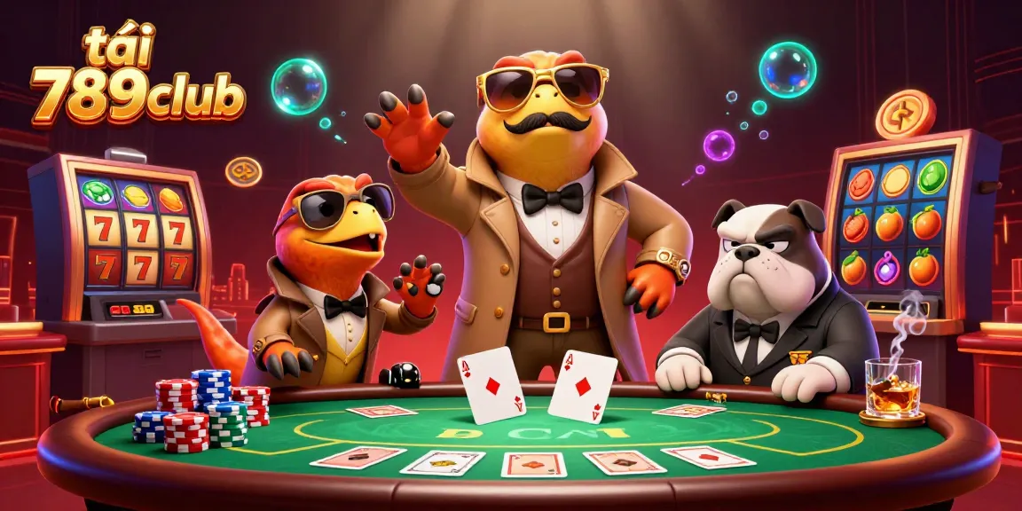 Engage with the excitement of tải 789club in a vibrant 3D casino scene featuring playful raptors.
