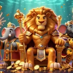 Experience the thrill of SUNWIN with a vibrant 3D casino scene showcasing a lion king, elephant advisor, and cheetah messenger.