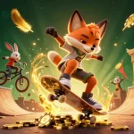 Engage in thrilling game bài sunwin with a vibrant scene of a skateboarder fox and BMX rabbit amid casino symbols.