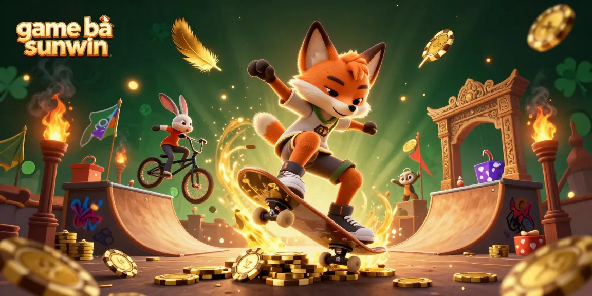 Engage in thrilling game bài sunwin with a vibrant scene of a skateboarder fox and BMX rabbit amid casino symbols.