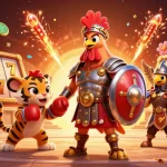 Experience the excitement of sunwin with a gladiator rooster and tiger cub sparring in a vibrant casino scene.
