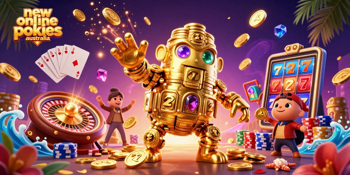 Experience the excitement of new online pokies Australia with the golden golem and vibrant casino elements.